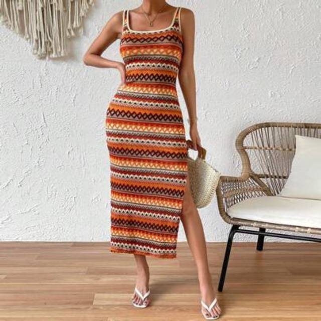 SHEIN Summer Beach Vintage Style Side Split Sleeveless Long Dress