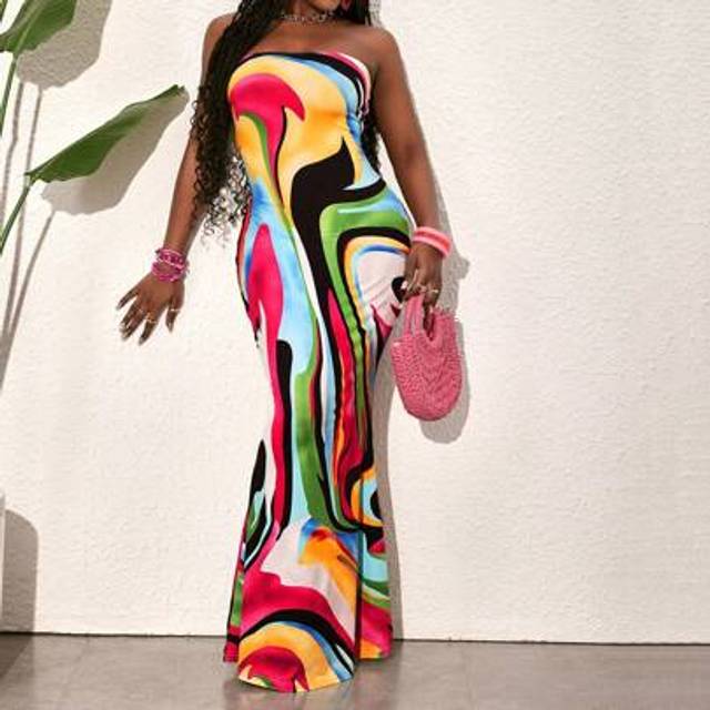 Slaydiva Vacation Sexy Bustier Maxi Cinched Waist Romantic Colored Dress For Women