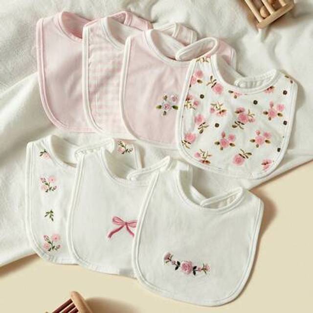 SHEIN 7pcs/Set Baby Bibs, Breathable Absorbent Ditsy Floral & Bow Pattern Burp Cloths For Baby Girls, Spring/Summer