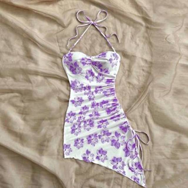 Soleia Women&#39;s Vacation Style White Background Purple Floral Romantic Print Asymmetrical Hem Halter Bowknot Bodycon Dress, Stylish Autumn/Winter Undershirt