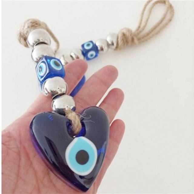SHEIN Handmade Heart-Shaped Blue Evil Eye Pendant - Turkish Blue Glass Charm With Silver Beads - Unique Home Decor, Bag, Car, And Wall Ornament - Thoughtful