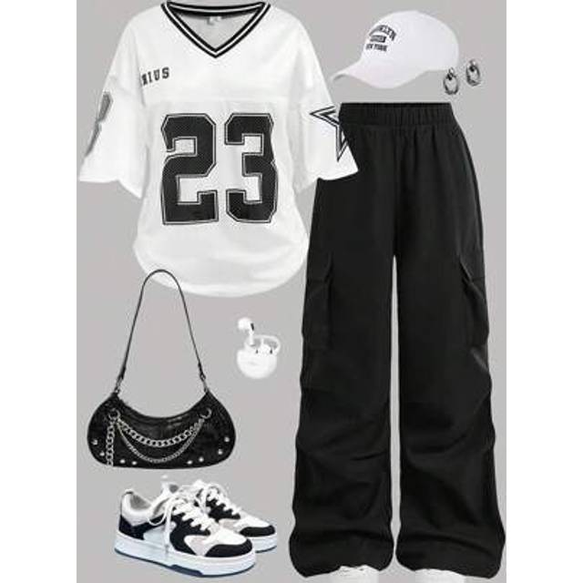 SHEIN Tween Girls Casual Streetwear Fashion Loose Basketball Jersey Print Top And Wide Leg Pants Set