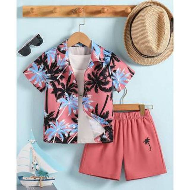 SHEIN 2pcs Young Boy Fashion Casual Holiday Outdoor Daily Versatile Colorful Palm Tree Print Short Sleeve Shirt And Shorts Set, Spring/Summer