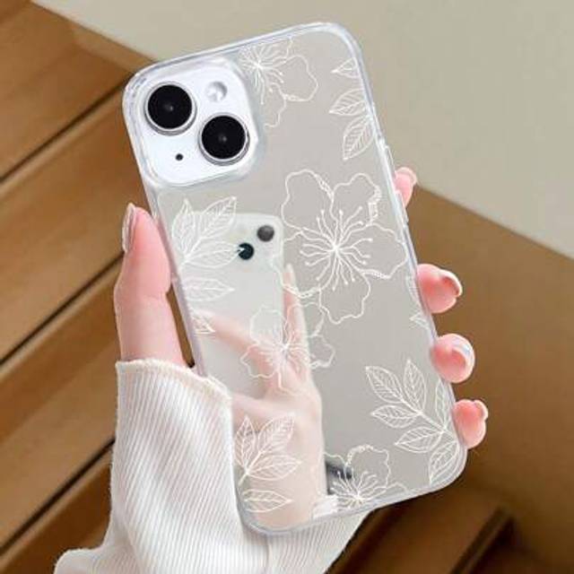SHEIN 1pc Minimalist Hibiscus & Leaves Pattern Mirror Soft Phone Case, Anti-Slip, Fit For IPhone 11/12/13/14/15/16 Pro Max
