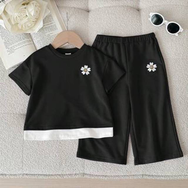 SHEIN Babygirl Cute Purple Floral Print Ruched Waist 2 In 1 Short Sleeve T-Shirt And Pants Set, Spring/Summer