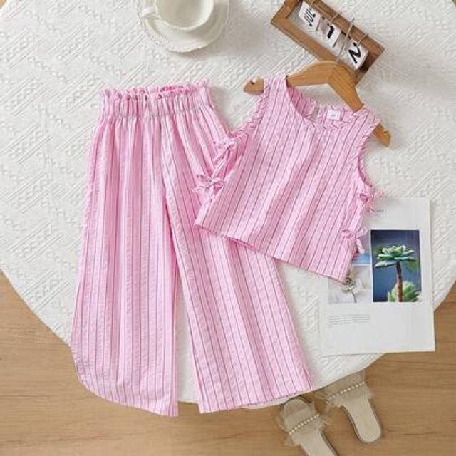 SHEIN 2pcs/Set Young Girl Summer Outfit, Sleeveless Ruched Bow Decor Top And Striped Wide Leg Pants, Casual Loose Fit For Vacation, Spring/Summer