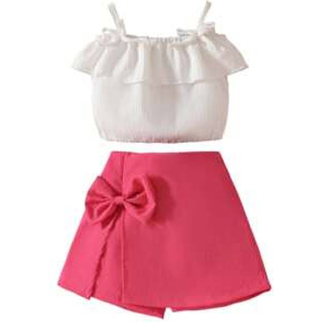 SHEIN Toddler Girls Solid Color Ruffled Cami Top  Bow Mini A-Line Skirt Set - Stylish Summer Outfit For Kids