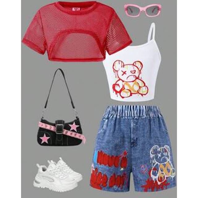 SHEIN 3pcs/Set Tween Girls Loose Cool Town Mesh Crop Top + Allover Print Camisole + Allover Print Shorts Outfit Suit, Casual Daily, Holiday, Streetwear, Spr