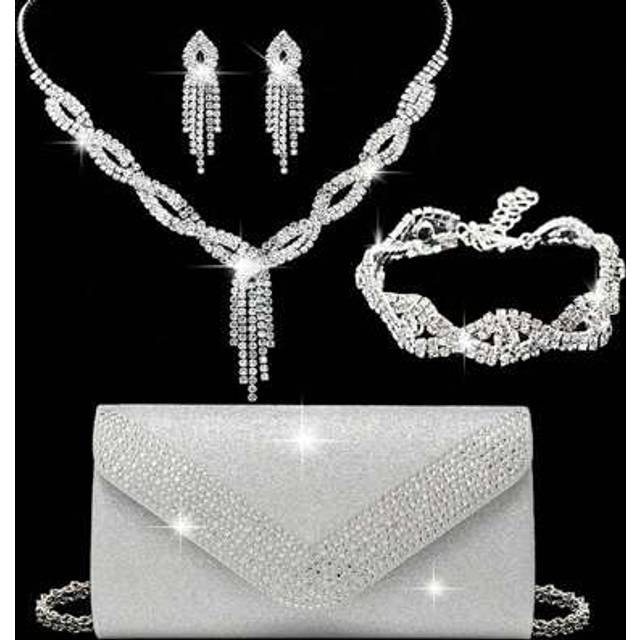SHEIN GZCS BAG 4 Pieces Rhinestone Jewelry Set Bling Necklace Earrings Bracelets Set For Sparkling Glitter Hot Diamond Elegant V-Shaped Flap Envelope Purse