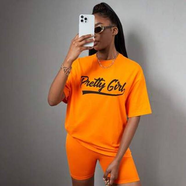 SHEIN 2pcs/Set Girls&#39; Pink Letter Print Loose T-Shirt And Biker Shorts Sports Streetwear Casual Outfit&#39;
