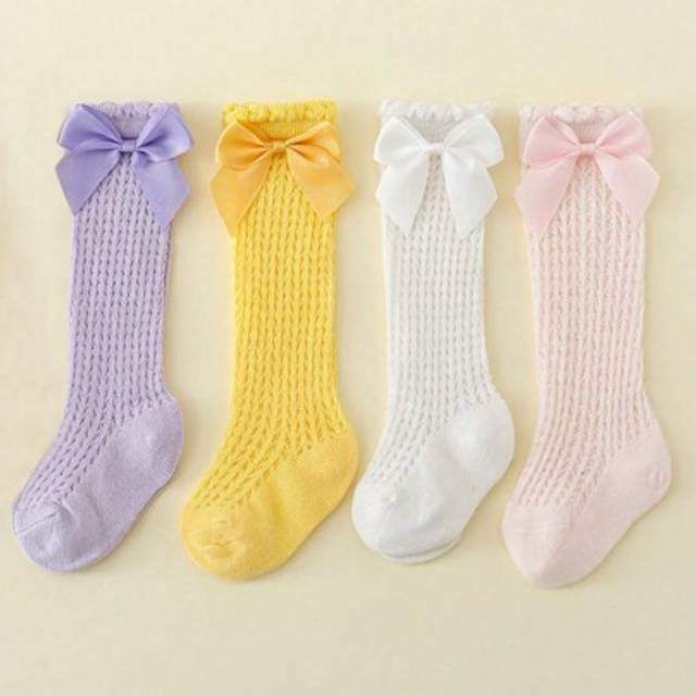 SHEIN 4 Pairs Baby Girl/Toddler Ribbon Decor Sweet & Cute Mesh Knee-High Socks, Candy Colors For Spring/Summer Matching, Suitable For Girls