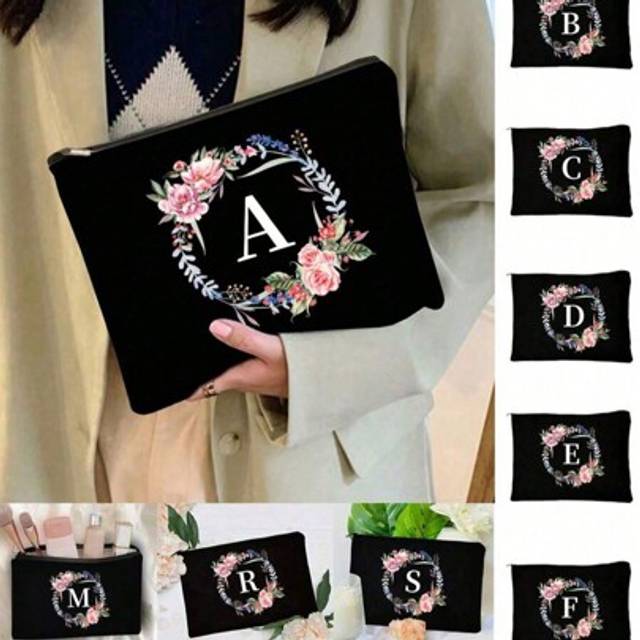 SHEIN 1pc Makeup Bags Cosmetic Bags Wallets Initials A-Z Monogram Toiletry Storage Bags Toiletry Bags Zipper Phone Bags Pencil Cases Clutch Bags Teacher Gif