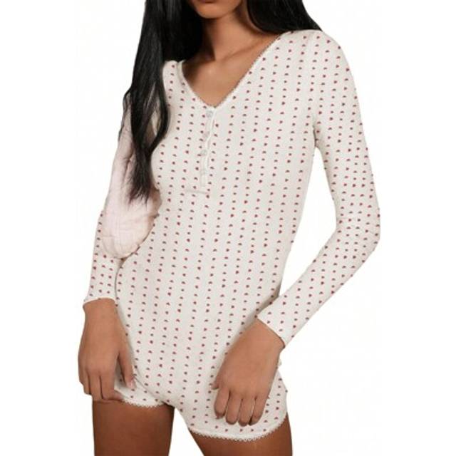SHEIN Women  Playsuit, Floral Print V Neck Button-Down Long Sleeve Tight Rompers Shorts For Ladies, White, S/M/L
