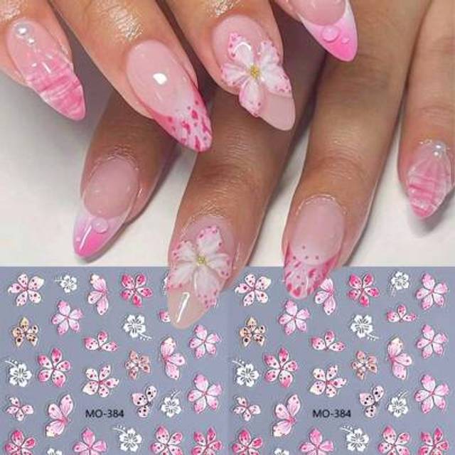 SHEIN 2pcs Pink White Hibiscus Lily Flower Nail Sticker Decals Embossed Hawaii Tropical Floral Petals Gradient Color Summer Nail Charms Stickers DIY Manicur