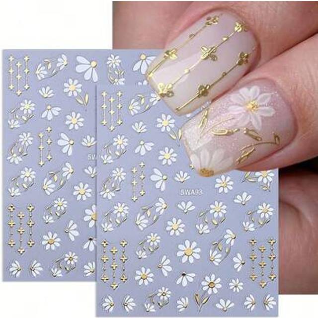 SHEIN 3D Metallic Daisy Flowers Nail Stickers 2pcs White Gold Lace Petals Floral Print Leaves DIY Bohemian Style Holographic Spring Summer Self-Adhesive Dec