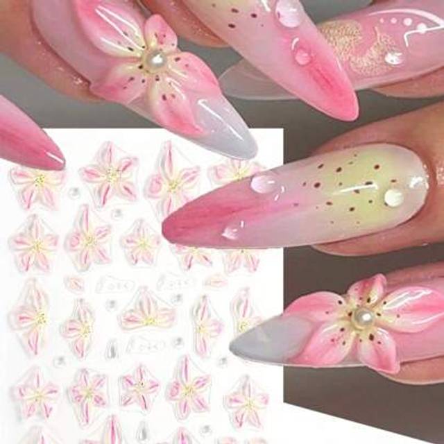 SHEIN 1pc 5D Sticker Lily Flower Nail Decals Jelly Nail Art Decorations Acrylic Adhesive Gel Sliders Summer Stickers Manicure Accessories