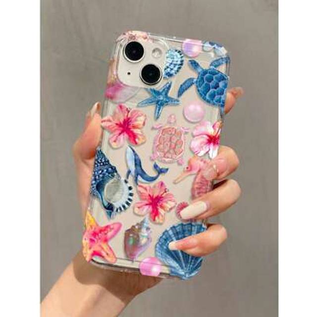SHEIN 1pc Air Cushion Sea Star & Sea Horse Graphic Full Body TPU Shockproof Phone Case Compatible With IPhone 16 15 14 13 12 11 Pro Max, Series