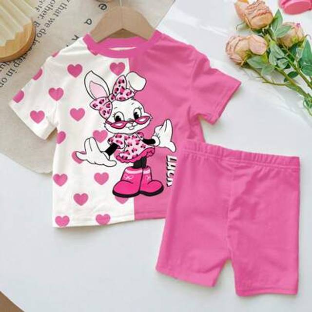 SHEIN Cute Cartoon Pink Bow Rabbit & Heart Pattern, Baby Girl Casual Minimalist Round Neck Short Sleeve Loose T-Shirt And Skinny Shorts Set, Suitable For Sp