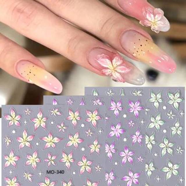 SHEIN 3pcs Hibiscus Lily Flower Summer Nail Sticker Decals Pink Purple Green Mixed Sizes Hawaii Tropical Floral Petals Gradient Nail Charms DIY Manicure Dec