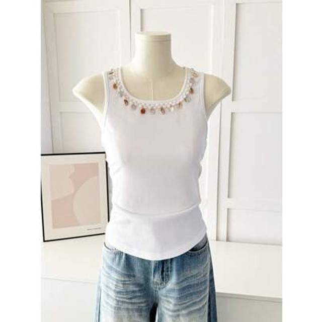 SHEIN Women&#39;s Summer Knitted Ribbed Shell Fringe Sleeveless Tank Top