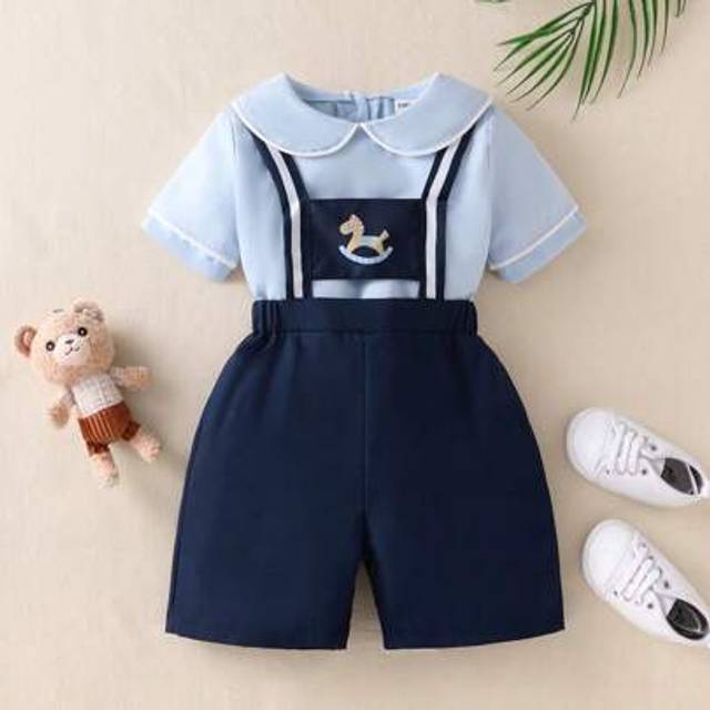 SHEIN 2pcs Baby Boy Outfit: Light Blue Collar Top & White Bib Shorts With Cute Carousel Print, Casual Set