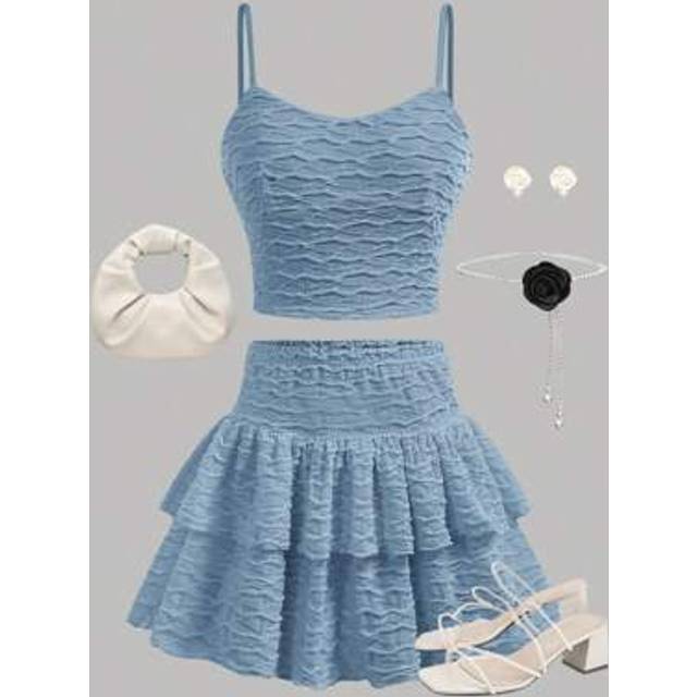 SHEIN Teen Girls 2-Piece Outfit Set - Textured Knitted Cami Tank Top And Ruffled A-Line Skirt Shorts, Blue, For Spring And Summer, Casual, Vintage, Beach Ho