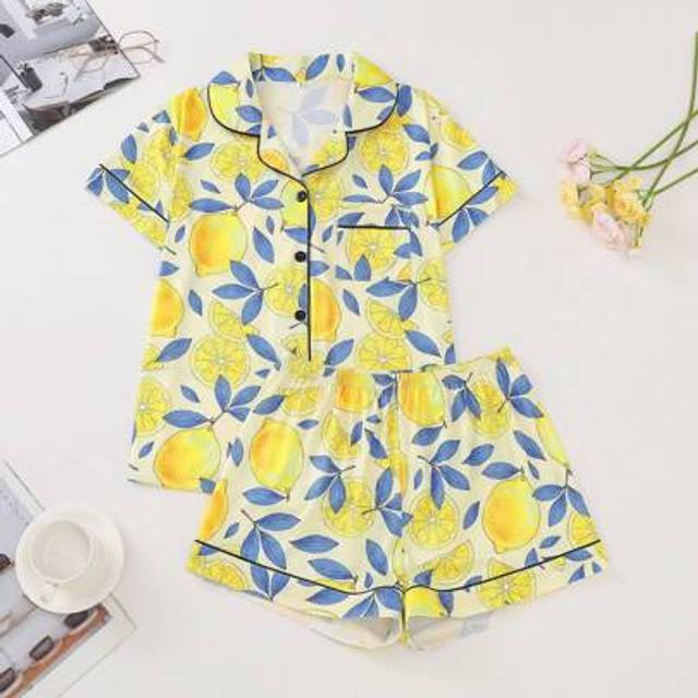 SHEIN 2pcs/Set Cute Lemon Print Bow Decor Plus Size Ladies Pajama Set, Includes Short Sleeve Shirt With Collar & Button, Soft Fabric & Elastic Waist Shorts,