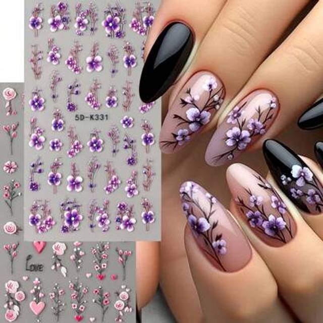 SHEIN 2PCS 5D Emboss Stickers For Nails Black Pink Flowers Design Decals Charm Holographic Self-Adhesive Decoration Art Relief Slider DIY Manicure Accessori