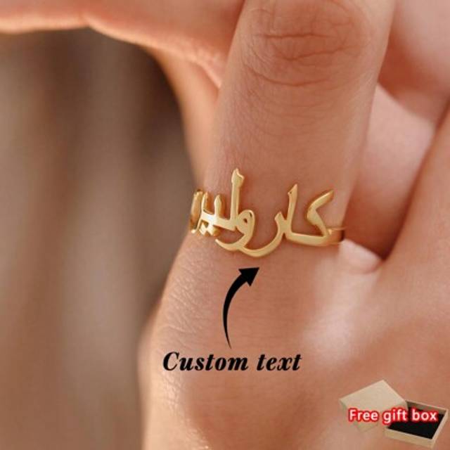 SHEIN 1PC Custom Arabic Name Open Ring For Women Men Personalised Arabic Name Finger Ring 18K Gold Plated Stainless Steel Adjustable Ring Custom Jewelry Fas