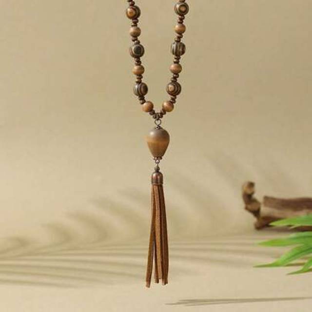 SHEIN Bohemian Vacation Style Wooden Handmade Bead Pendant Necklace Long Sweater Chain Suitable For Women&#39;s Daily For Dress, Travel, Vacation, Street Photog