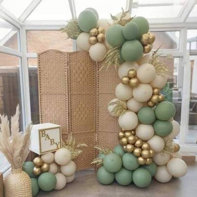 SHEIN 80pcs, Sage Green Balloon Garland Arch Kit Beige Chrome Gold Balloon For Wedding Birthday Indoor Balloon Baptism Decorations, Wedding Decoration, Part