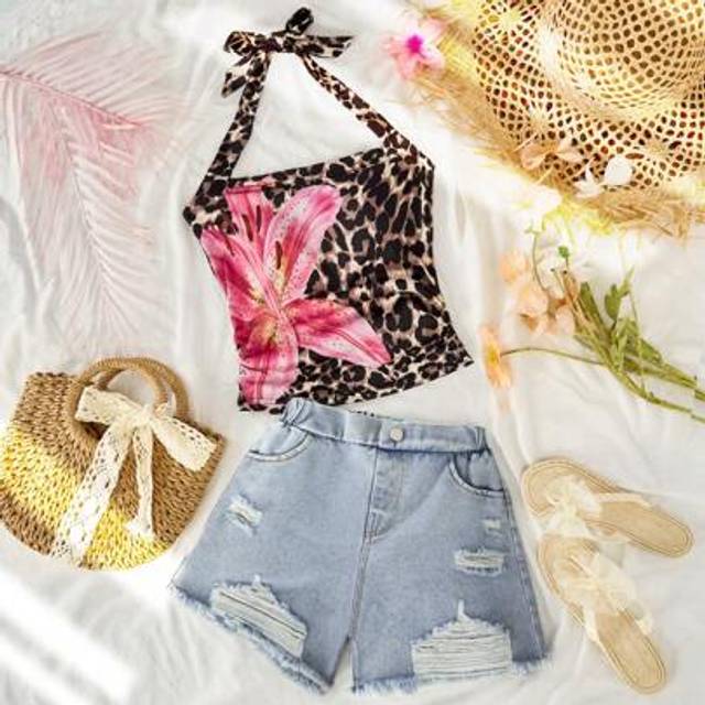 SHEIN Tween Girl Leopard Print Spaghetti Strap Vest & Distressed Denim Shorts 2pcs Set ,Ibiza Summer Outfit