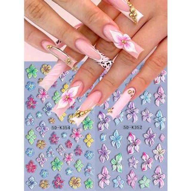 SHEIN 2pcs 5D Embossed Leopard Hibiscus Flower Nail Stickers Colorful Petal Flower Nail Decals Y2K Ink Dot Hawaiian Petal Embossed Self-Adhesive Slider Carv