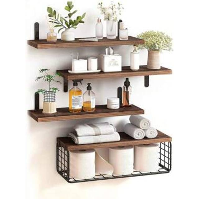 SHEIN 4 Tier Wall-Mounted Shelf Wood Floating Display Rack Hanging Storage Shelves Install Arbitrarily W/Iron Frame Bathroom Wall Mounted StorageRoom Decor