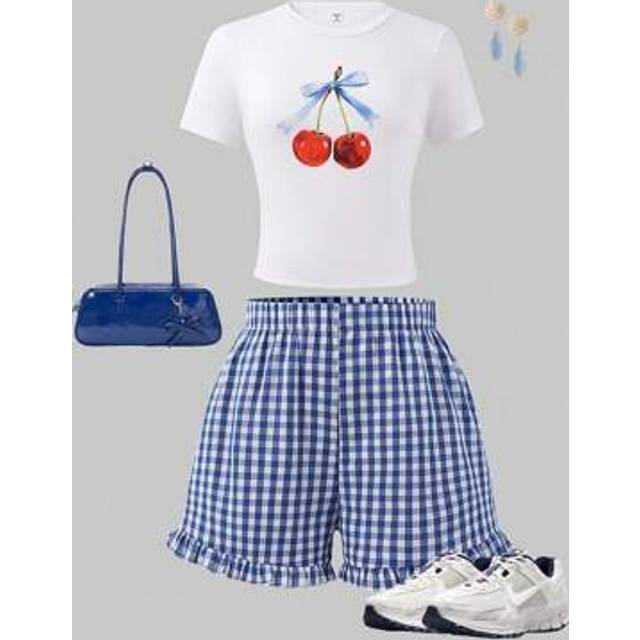 SHEIN 2pcs/Set Tween Girls Bowknot & Cherry Graphic Print Slim Fit Short Sleeve Plaid Shorts Set, Casual Wear For Daily Life & Gathering, Summer Young Girls