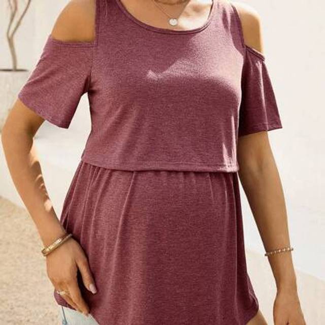 SHEIN Pregnant Women Open Shoulder Solid Color Nursing Clothing, Minimalist And Fashionable, Suitable For Summer