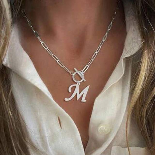 SHEIN 1pc Simple Big Initial Pendant Classic Stainless Steel Toggle Clasps Paper Clip Chain Necklaces For Women