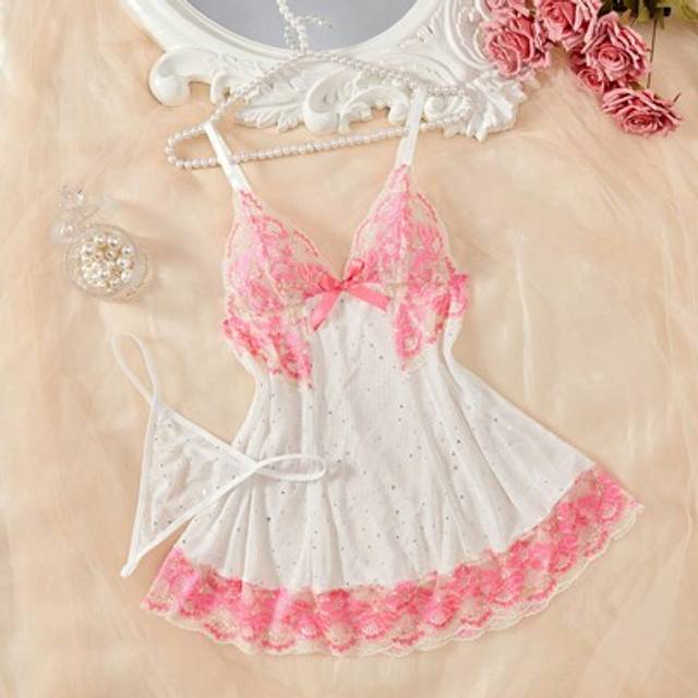 SHEIN 2pcs Shiny Nightclub Women Lace Splice Sexy Lingerie Cami Dress Set