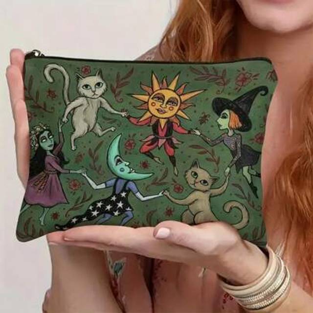 SHEIN Enchanted Forest Night Cosmetic Bag - Dark Green Bag With Whimsical Witch, Cat And Moon Design, Fits Makeup, Pencils Or Snacks - Perfect Gift For Sist