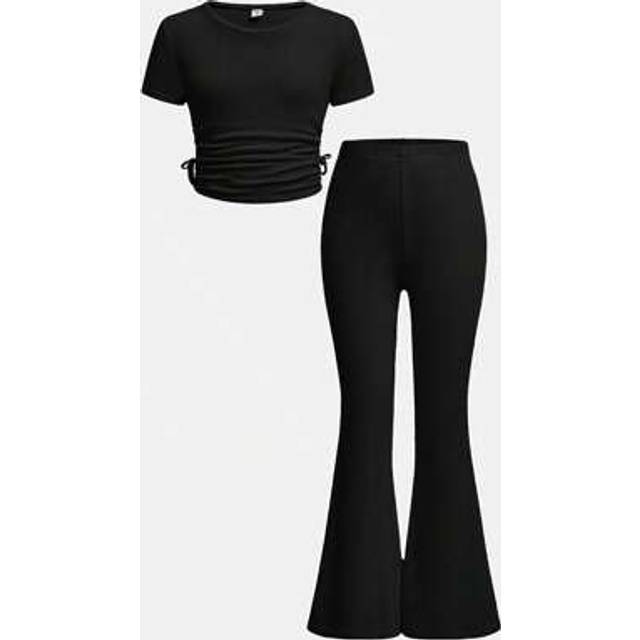 SHEIN Tween Girls 2 Pieces Set: Rib-Knit Solid Color Round Neck Fitted Pullover Top & Flare Leg Pants, Casual & Comfy