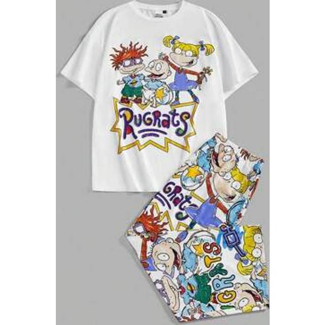 SHEIN Plus Size Casual Cartoon Graphic Short Sleeve Top And Pants Pajama Set, Summer