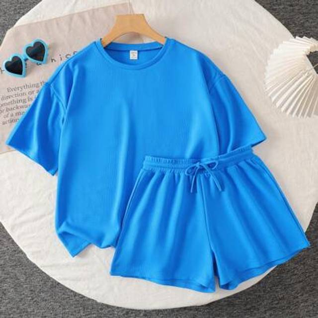 SHEIN Teen Girls Blue Knit Knit Solid Color Loose Fit Short Sleeve Top And Shorts, Casual Outfit Set, Casual Street Style, Basic Style, Suitable For Summer