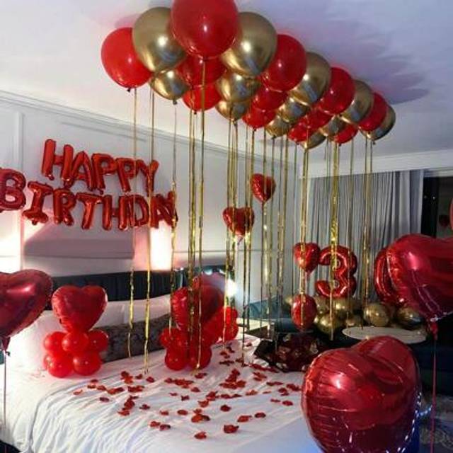 SHEIN 60pcs Red & Gold Decoration Balloons Set, Happy Birthday Banner, Extra Large Number Foil Balloons, Heart Shaped Foil Balloons, Suitable For Birthday D