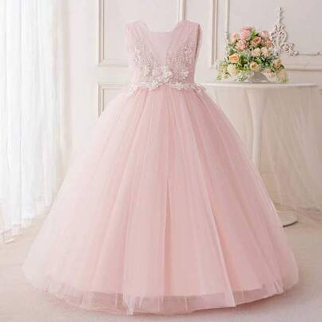 SHEIN Tween Girls Backless Floral Wedding Party Shiny Princess Dress, Pink Bridesmaid Birthday Children Pageant Evening Gown Graduation Prom Recital