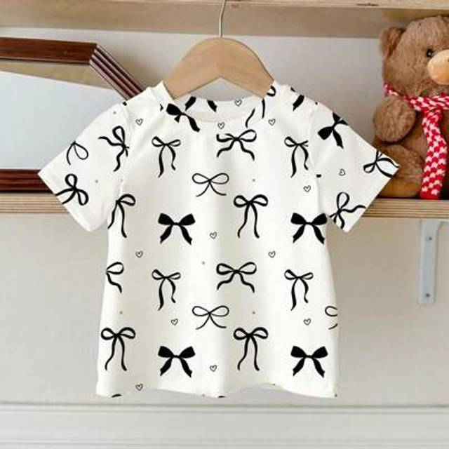 SHEIN Baby Girls&#39; Casual Fashion Bowknot Graphic Print Short Sleeve T-Shirt And Cycling Shorts 2pcs Set, Sibling Matching Outfits (2 Sets Sold Separately)