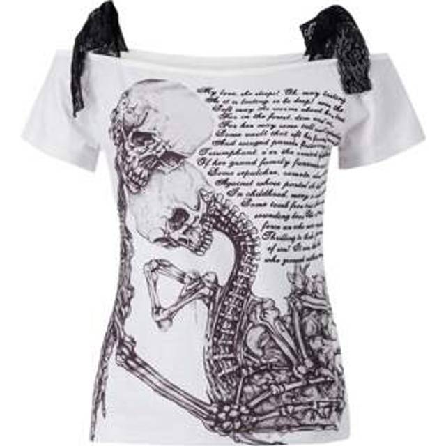 SHEIN Women Fashion Wild Gothic T-Shirts Skull Letter Print Off-Shoulder Boat-Neck Short Sleeve Tops Summer Slim Fit Streetwear