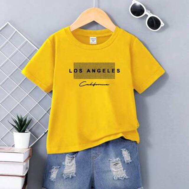 SHEIN Young Boy Los Angeles Graphic Round Neck Short Sleeve T-Shirt And Distressed Denim Shorts Casual 2 Pieces Set