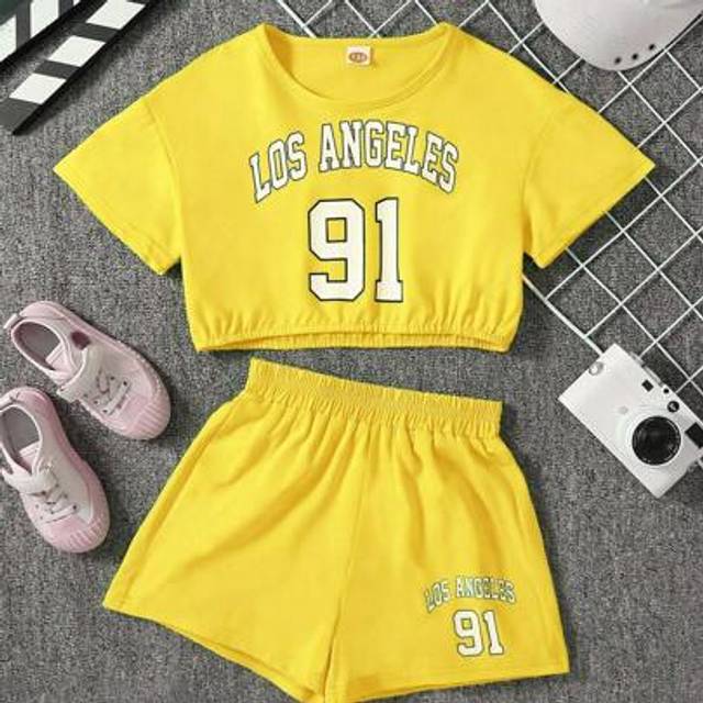 SHEIN 2pcs/Set Girls New 2024 Style Casual Loose Cropped Top & Shorts Set, Summer