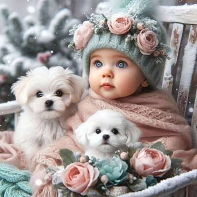 SHEIN 1pc Framed Round Diamond Painting Kit - Baby And Dog Theme, Full Drill Diamond Art, Canvas DIY Mosaic Craft Set Including Pen, Glue, Tray, Diamond Bea