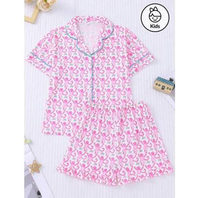 SHEIN 2pcs Kids Girls Cartoon Monkey Print Pajama Sets, Cute Summer Homewear For Toddlers & Girls